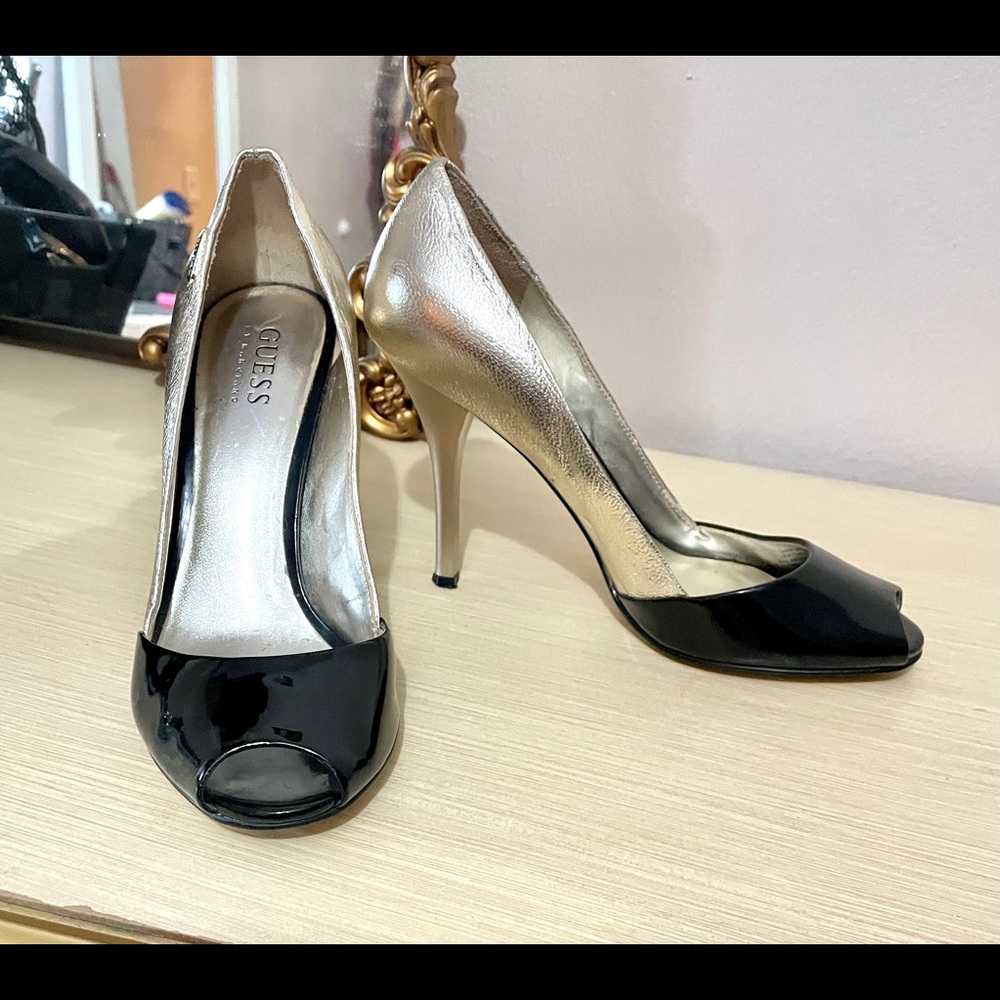 Guess Gold n Black Peep Toe Heels - Size 6.5